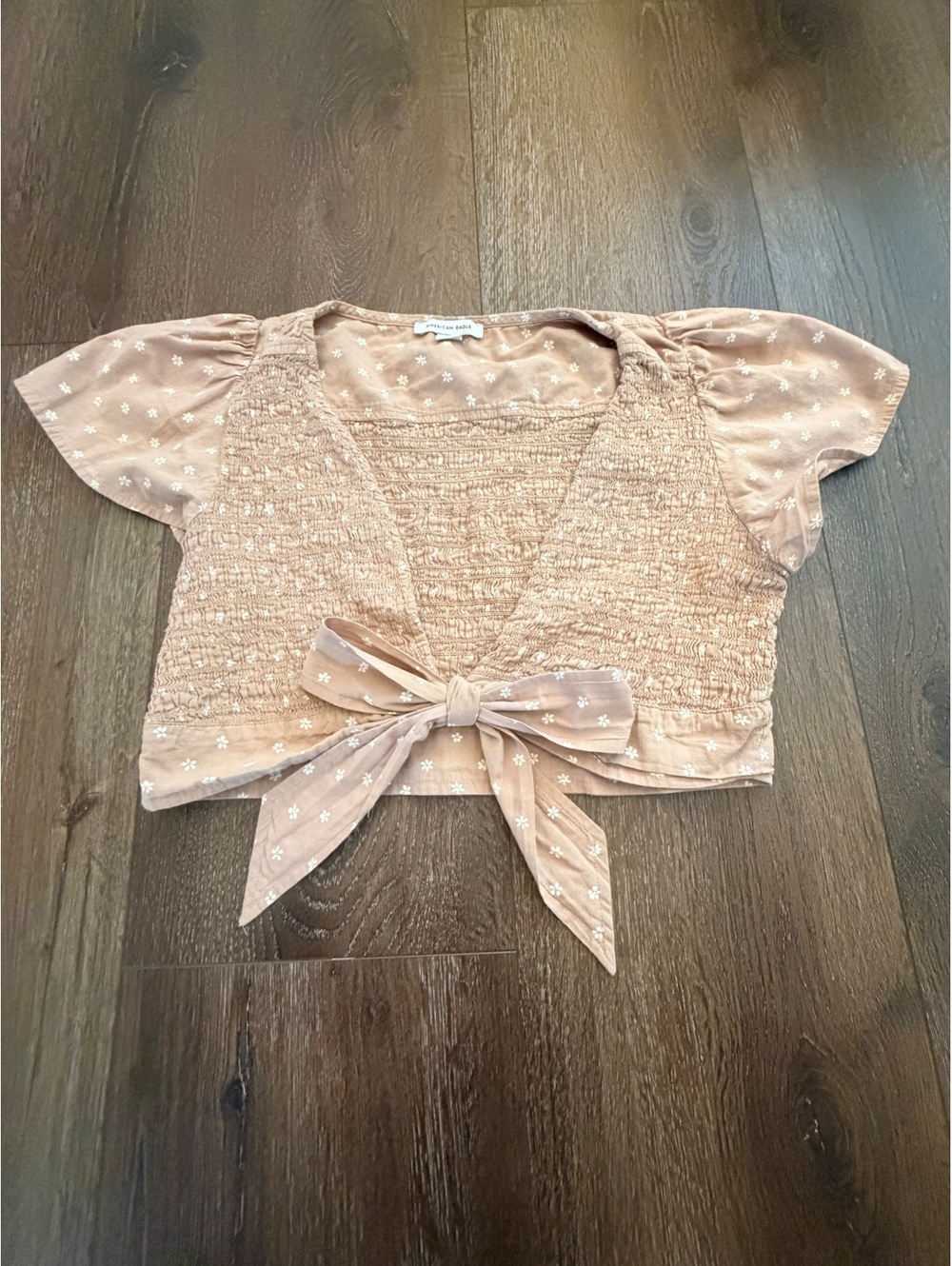 American Eagle Smocked Tie Front Crop Top Floral Cottagecore Size Large